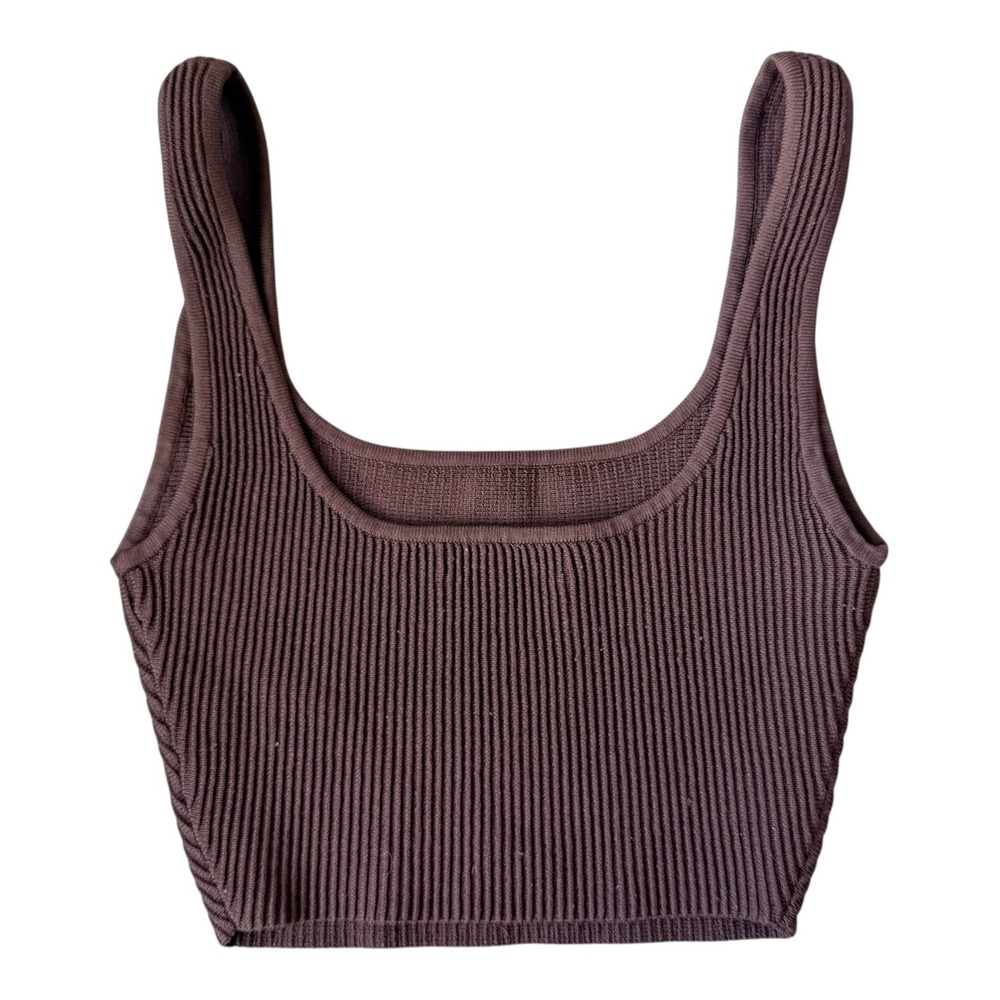 Aritzia Babaton Womens XXS Cocoa Brown Ribbed Square Neck Sculpt Knit Crop Tank - Picture 4 of 6
